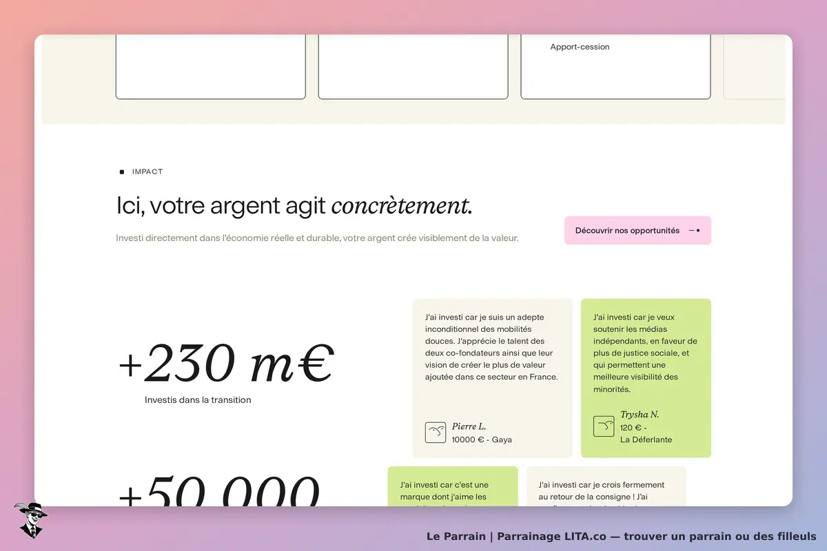 LITA.co : page d'accueil avec des témoignages d'investisseurs et des chiffres sur l'impact