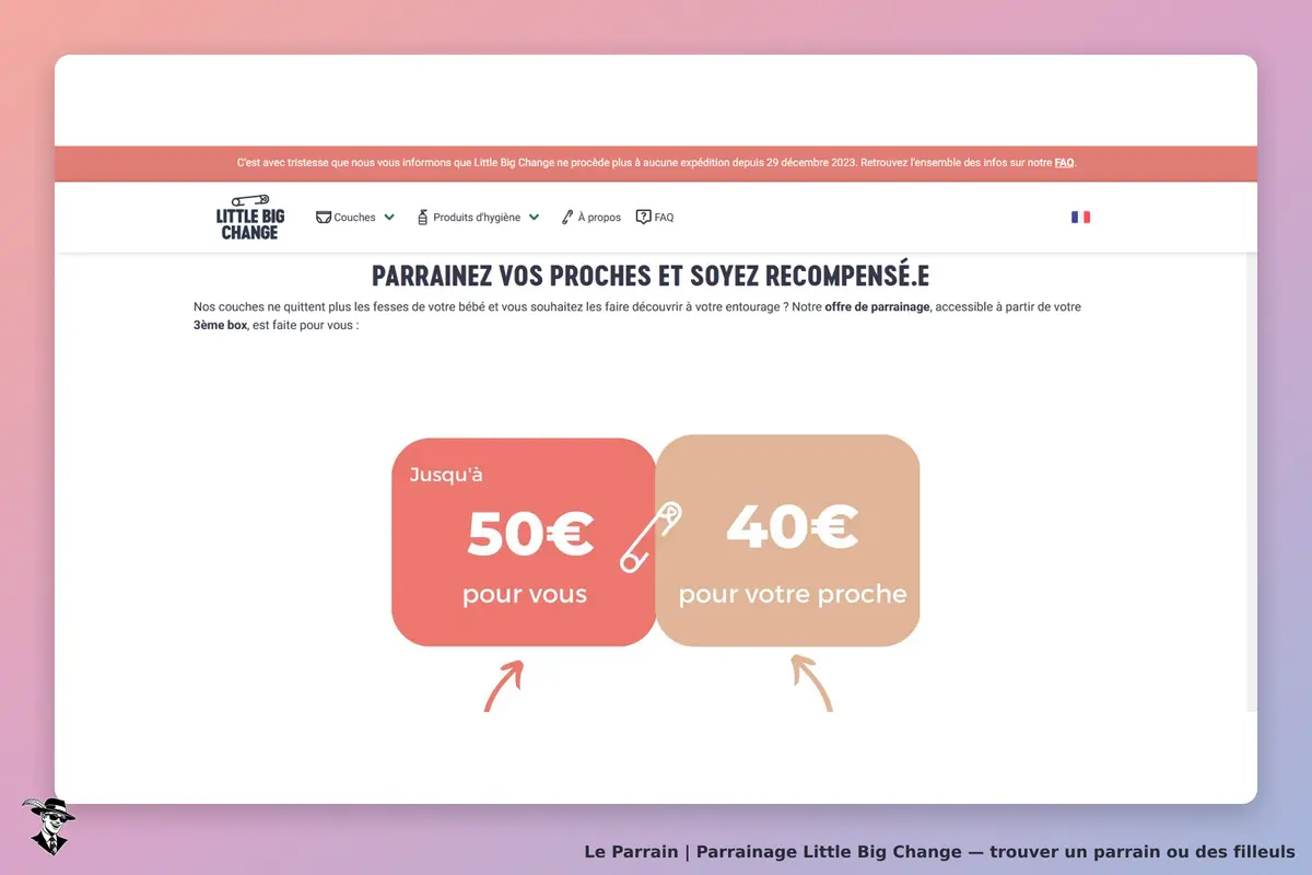 Little Big Change : page d'accueil avec incitation au parrainage et deux encadrés colorés
