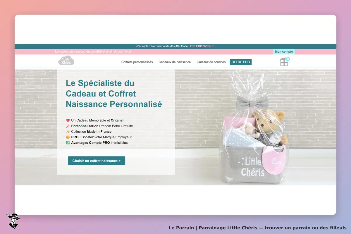 Little Chéris : page d'accueil présentant un coffret naissance avec peluche et accessoires