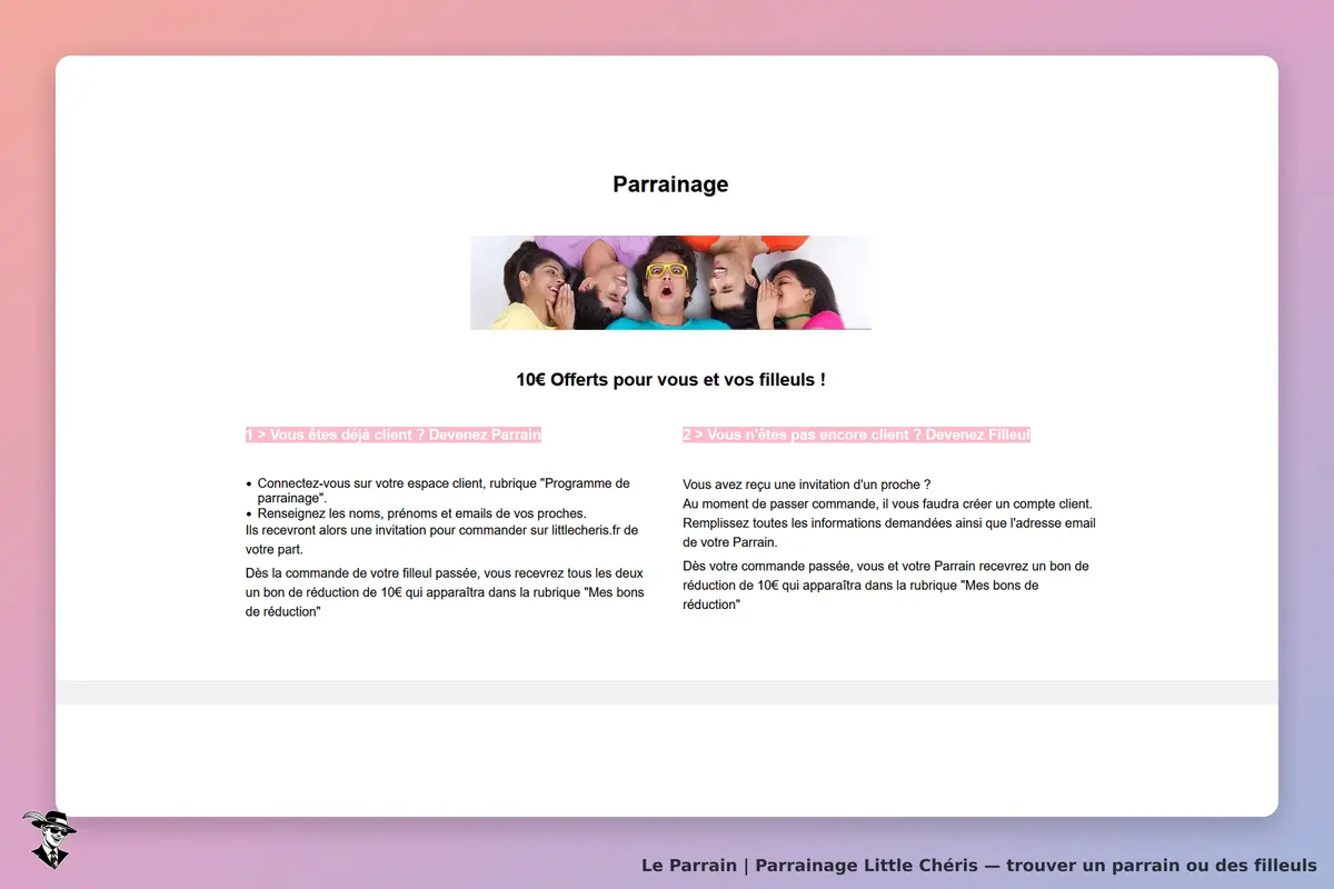 Little Chéris : page de parrainage avec instructions et image de plusieurs personnes souriantes