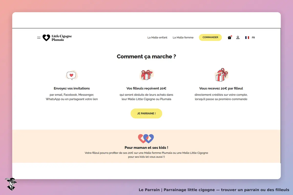 Little Cigogne : section explicative sur le parrainage avec icônes et textes descriptifs