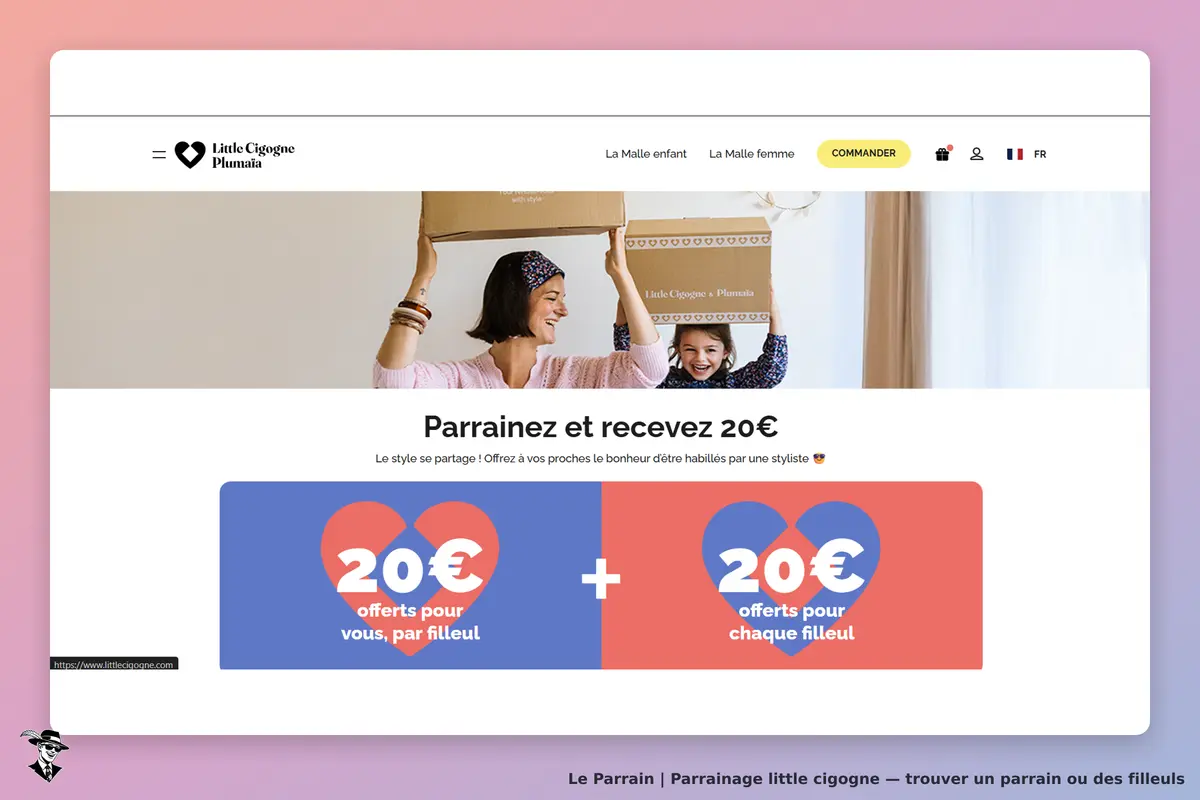 Little Cigogne : page d'accueil avec un visuel de parrainage et des personnes souriantes