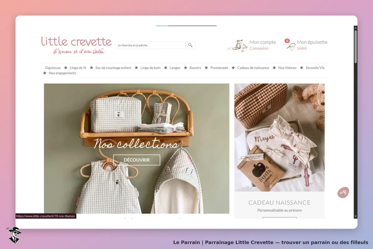 Little Crevette : page d'accueil avec des produits pour enfants sur des étagères en bois