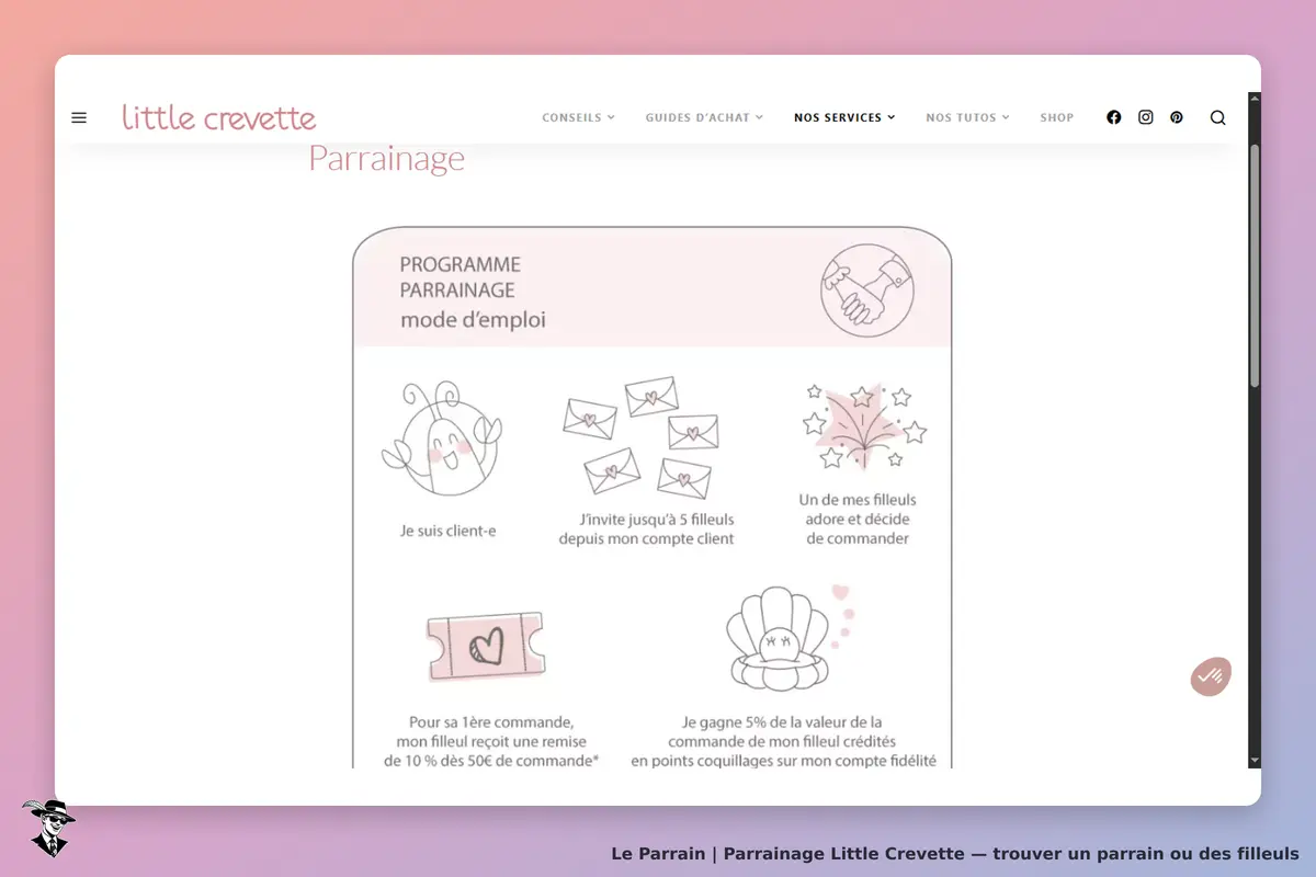 Little Crevette : page sur le programme de parrainage avec illustrations explicatives