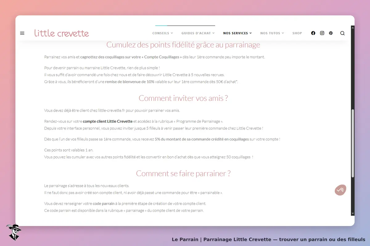 Little Crevette : page d'accueil avec informations sur le parrainage et points fidélité