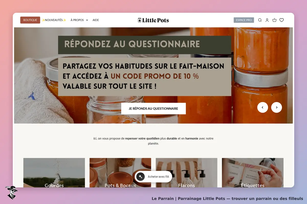 Little Pots : page d'accueil avec pots en verre, questionnaire et catégories de produits affichées