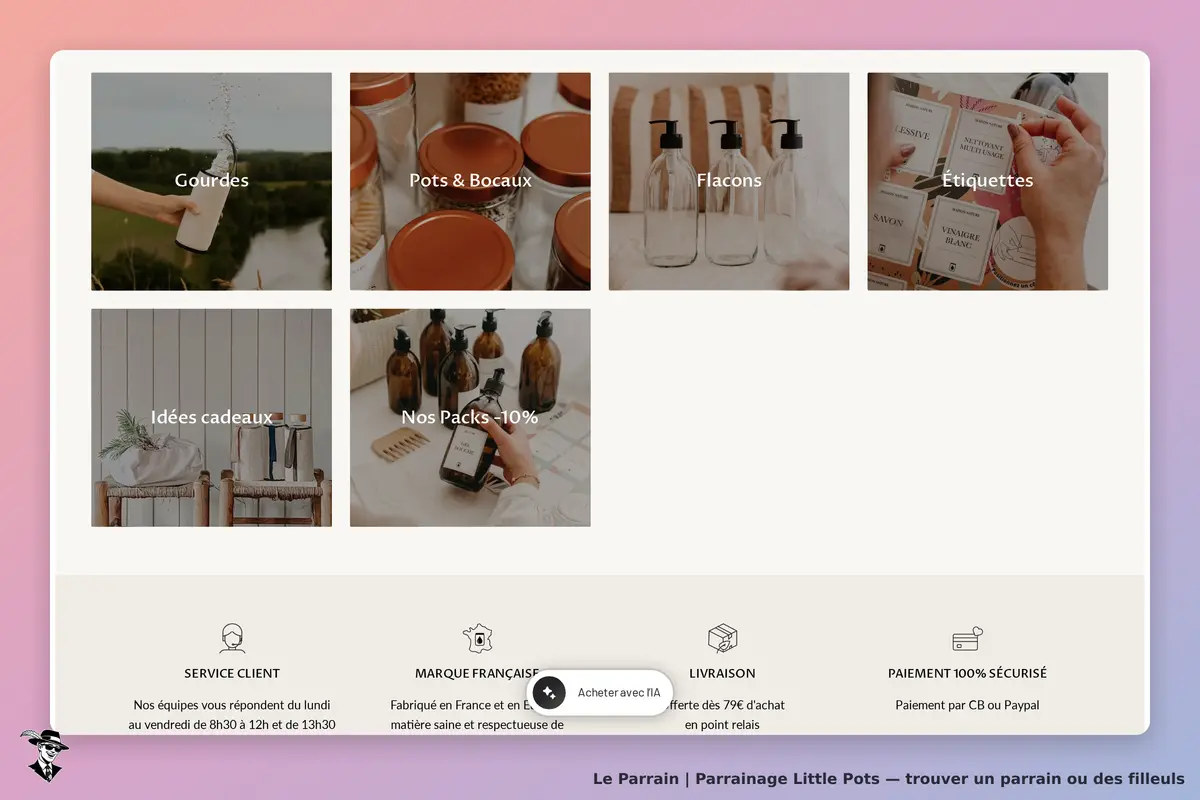 Little Pots : aperçu de la page d'accueil avec divers produits et sections proposées