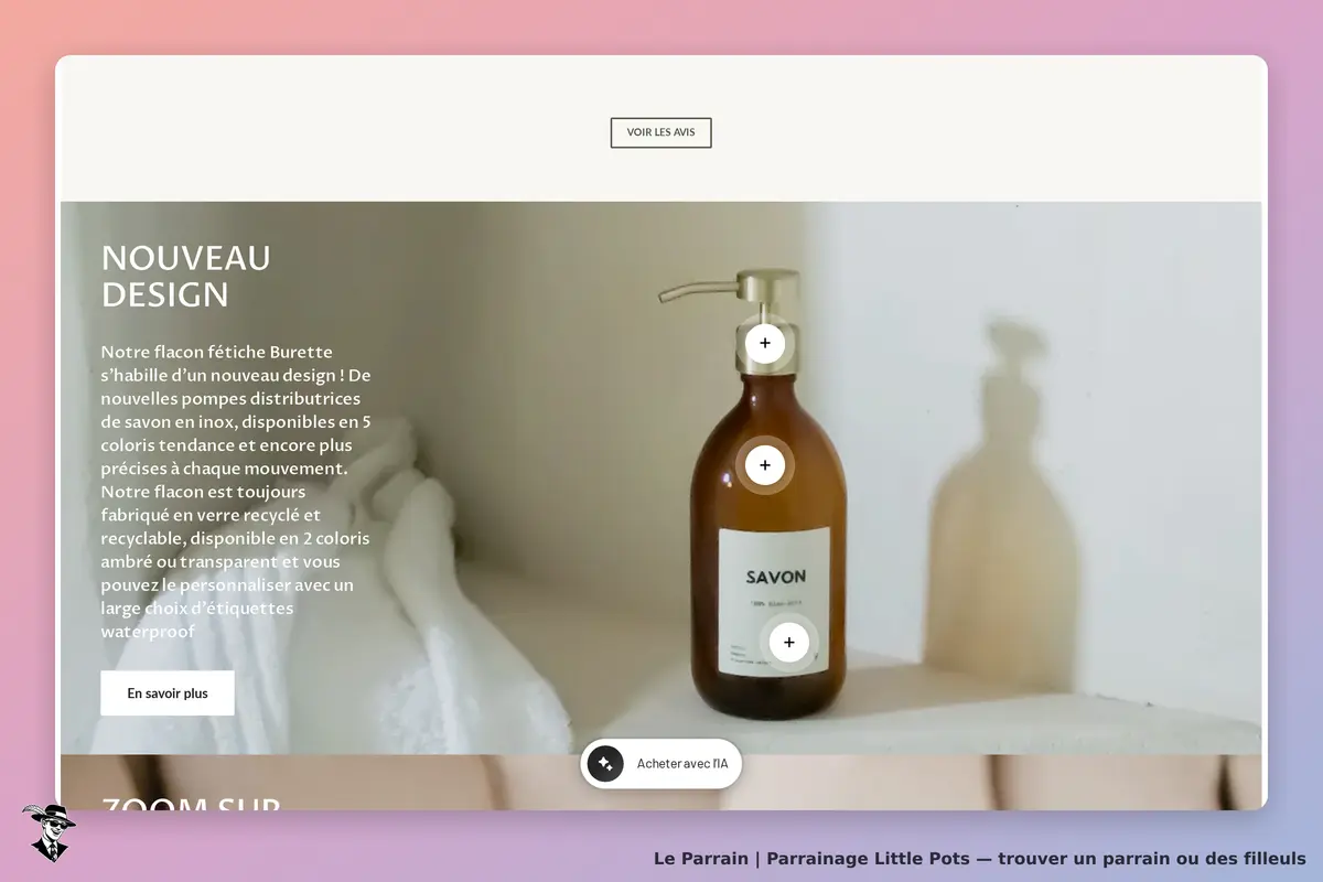 Little Pots : flacon de savon en verre avec pompe, sur fond clair, texte sur le design