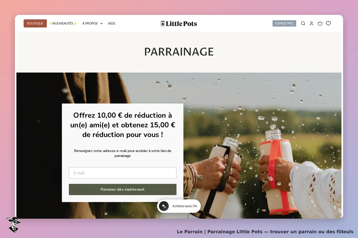 Little Pots : page de parrainage avec formulaire et bouteilles en arrière-plan