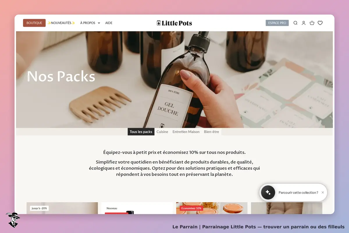 Little Pots : page d'accueil présentant des produits, dont un gel douche et des packs
