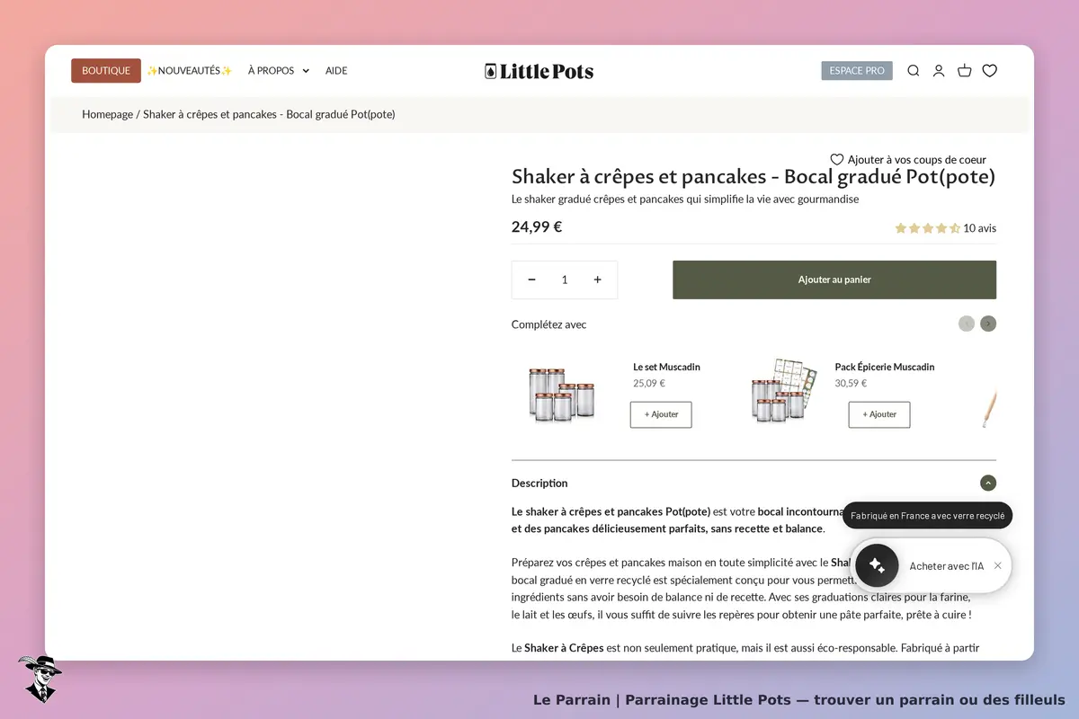 Little Pots : page produit pour un shaker à crêpes et pancakes avec description et options d'achat