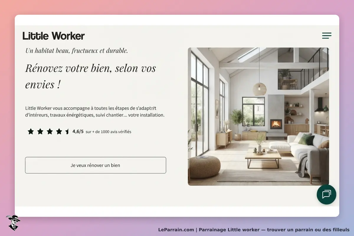 Little Worker : page d'accueil avec un salon lumineux et un message sur la rénovation