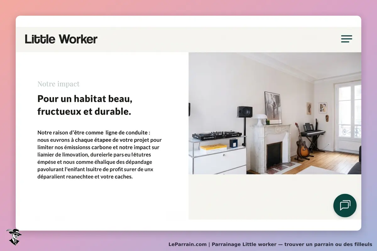 Little Worker : texte sur l'impact environnemental et photo d'un intérieur moderne et lumineux