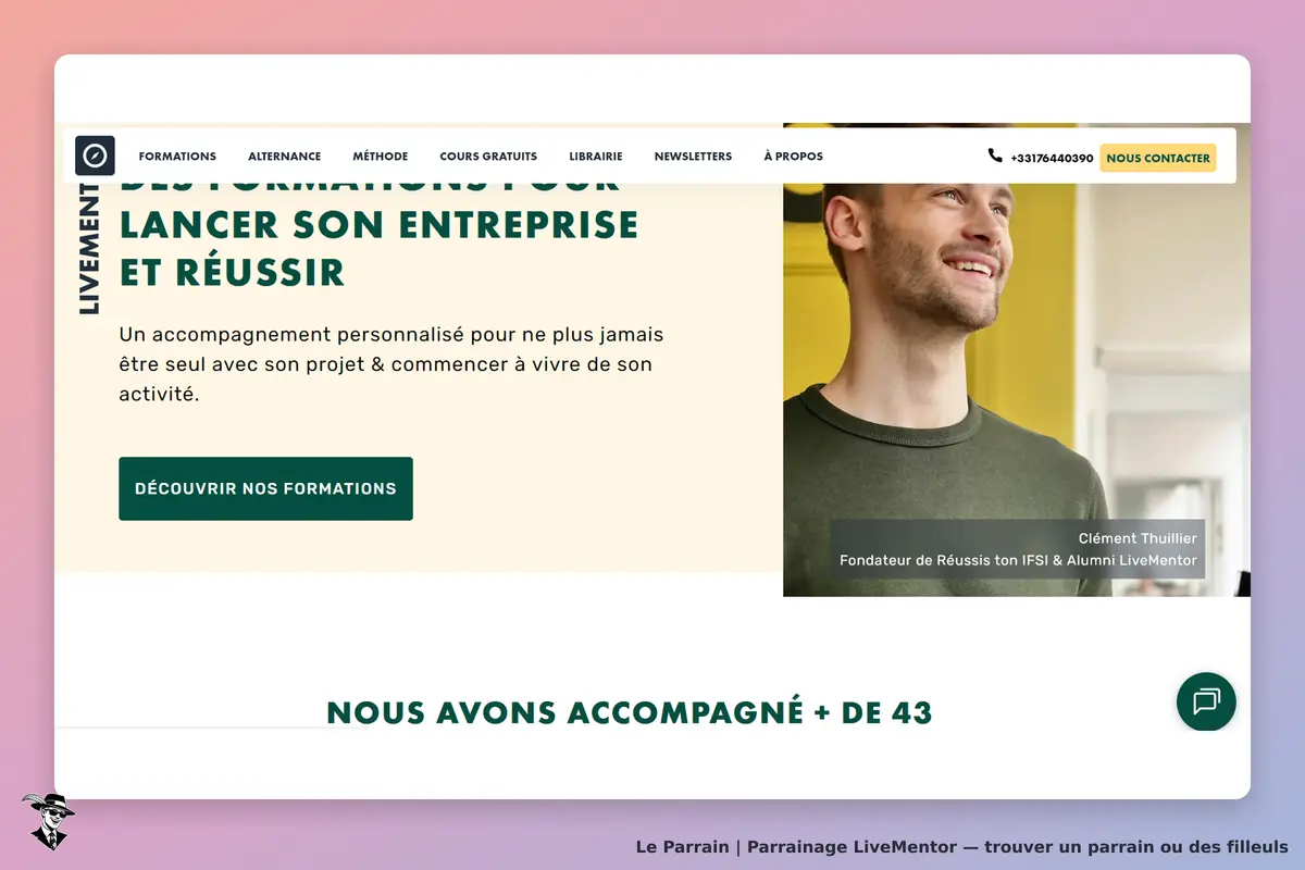 LiveMentor : page d'accueil présentant des formations pour entrepreneurs avec un témoignage