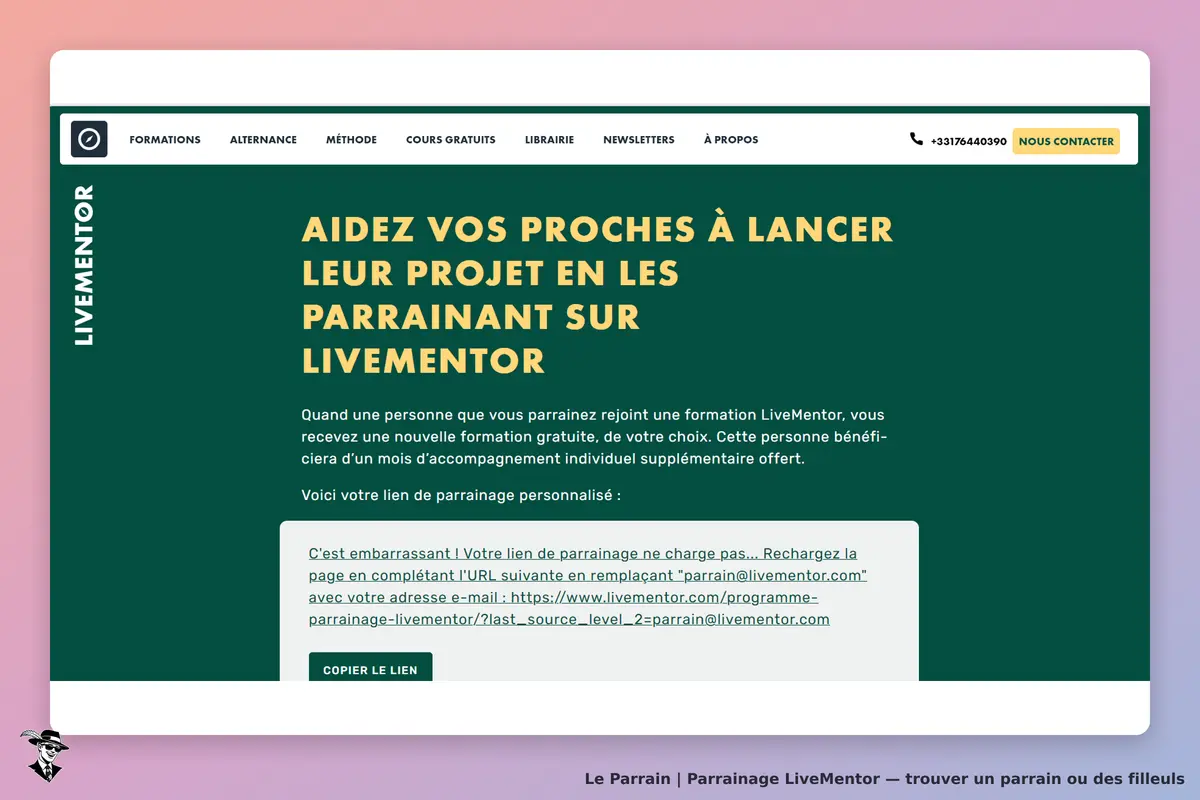 LiveMentor : page d'accueil avec informations sur le parrainage et lien à copier