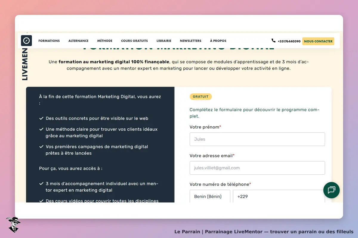 LiveMentor : page d'accueil avec un formulaire d'inscription pour une formation en marketing