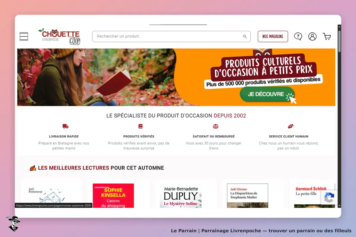 Livrenpoche : page d'accueil avec une femme lisant un livre parmi des feuilles d'automne