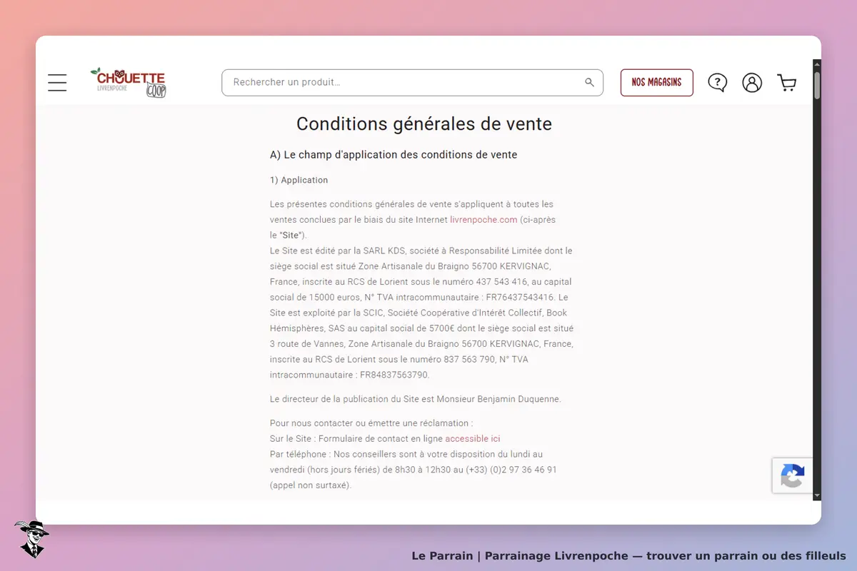 Livrenpoche : conditions générales de vente affichées sur la page, informations légales visibles