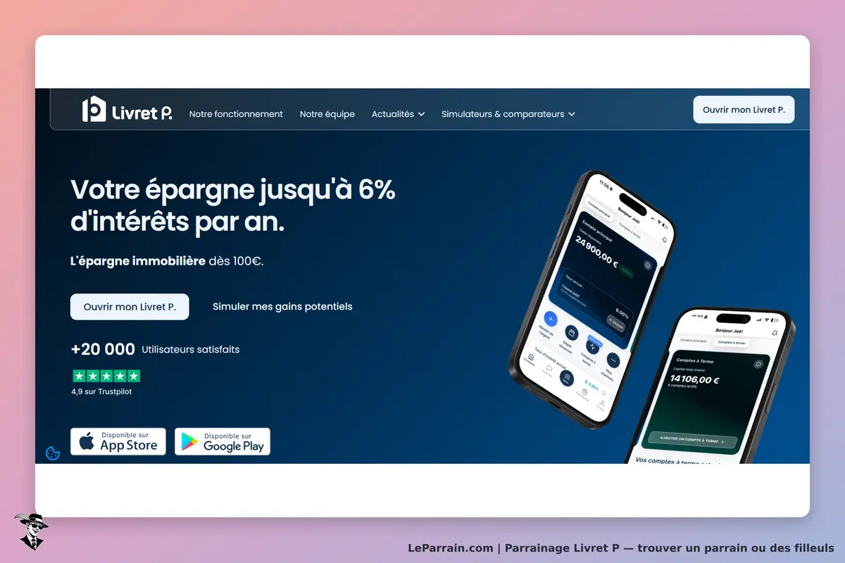 Livret P : page d'accueil présentant l'épargne et des smartphones affichant des comptes