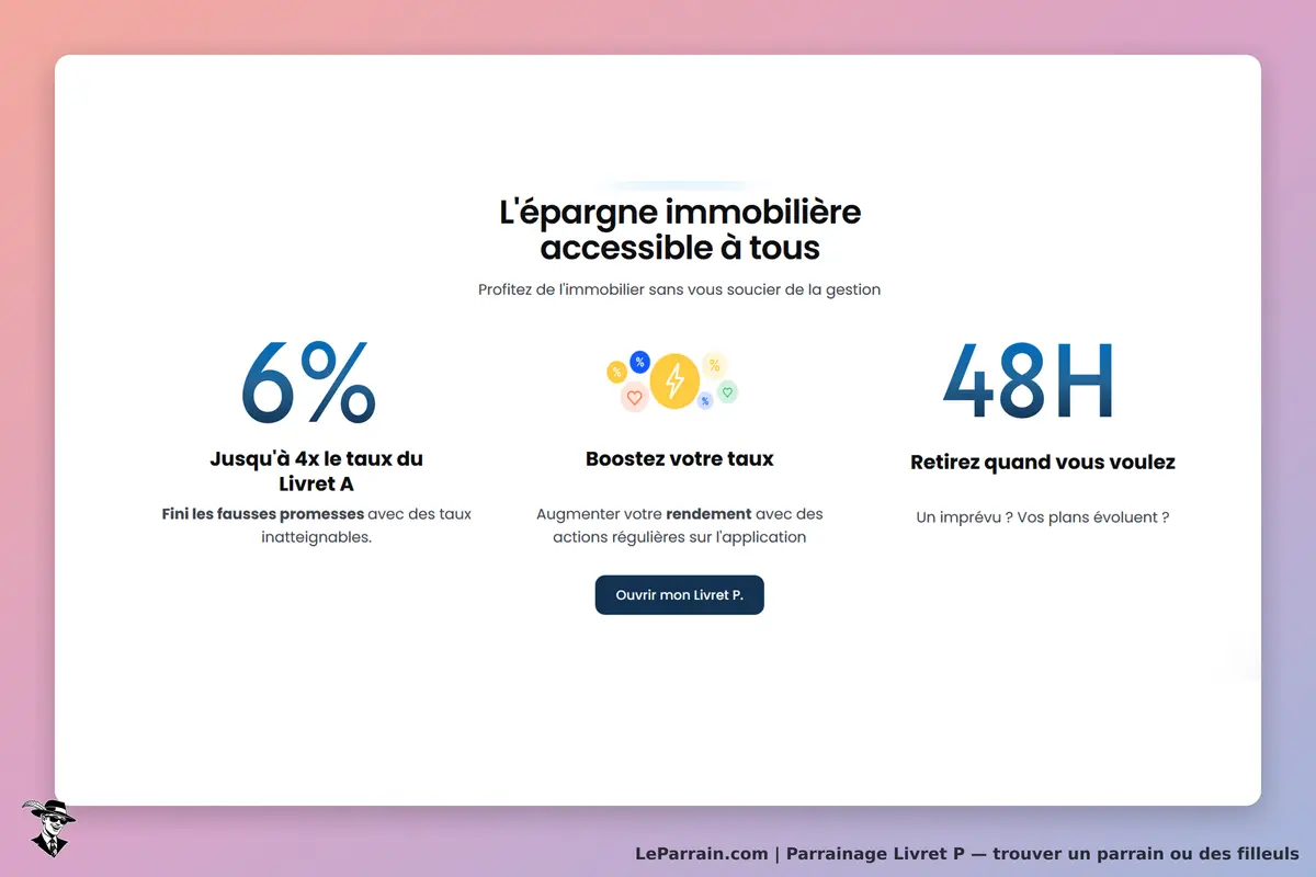 Livret P : page d'accueil présentant l'épargne immobilière et ses avantages