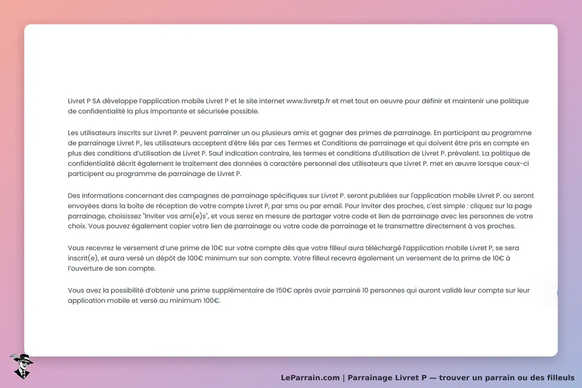 Livret P : texte explicatif sur le programme de parrainage et la confidentialité des données