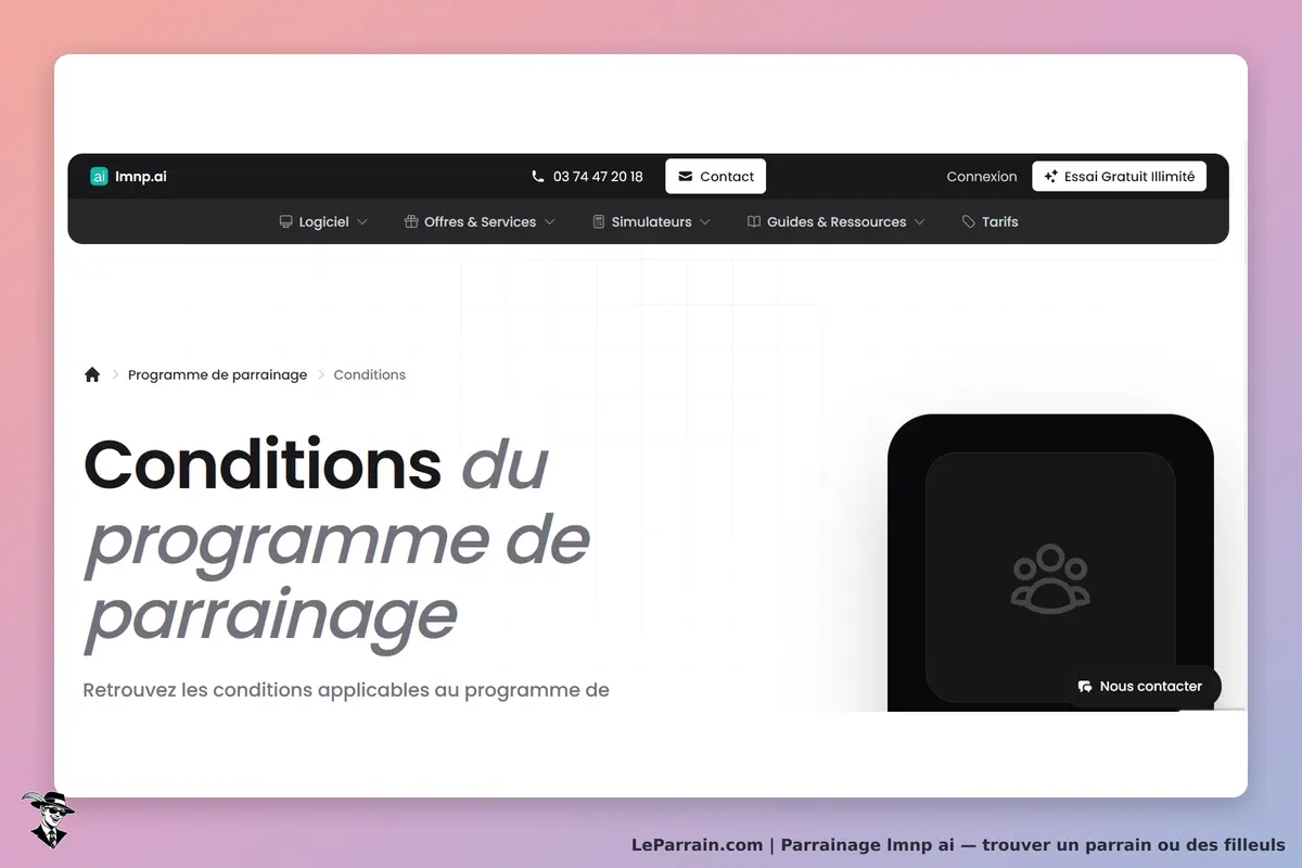 lmnp ai : conditions du programme de parrainage avec un bouton de contact visible