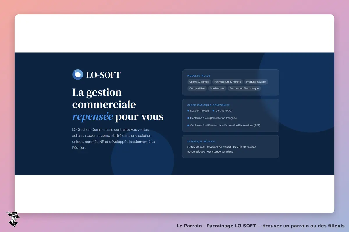LO-SOFT : page d'accueil présentant la gestion commerciale et ses modules inclus