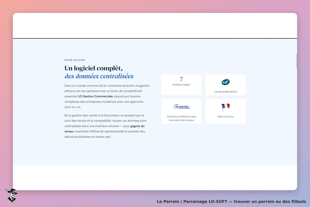 LO-SOFT : page d'accueil présentant un logiciel de gestion avec des modules et certifications