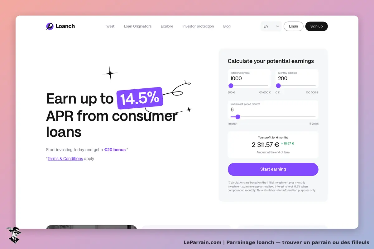 Loanch : page d'accueil avec calculateur de gains et options d'investissement