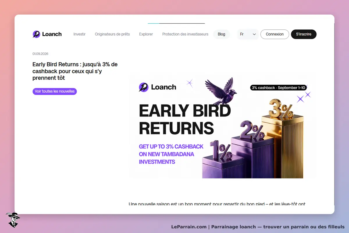 Loanch : page d'accueil avec un visuel sur les retours cashback et des graphiques colorés