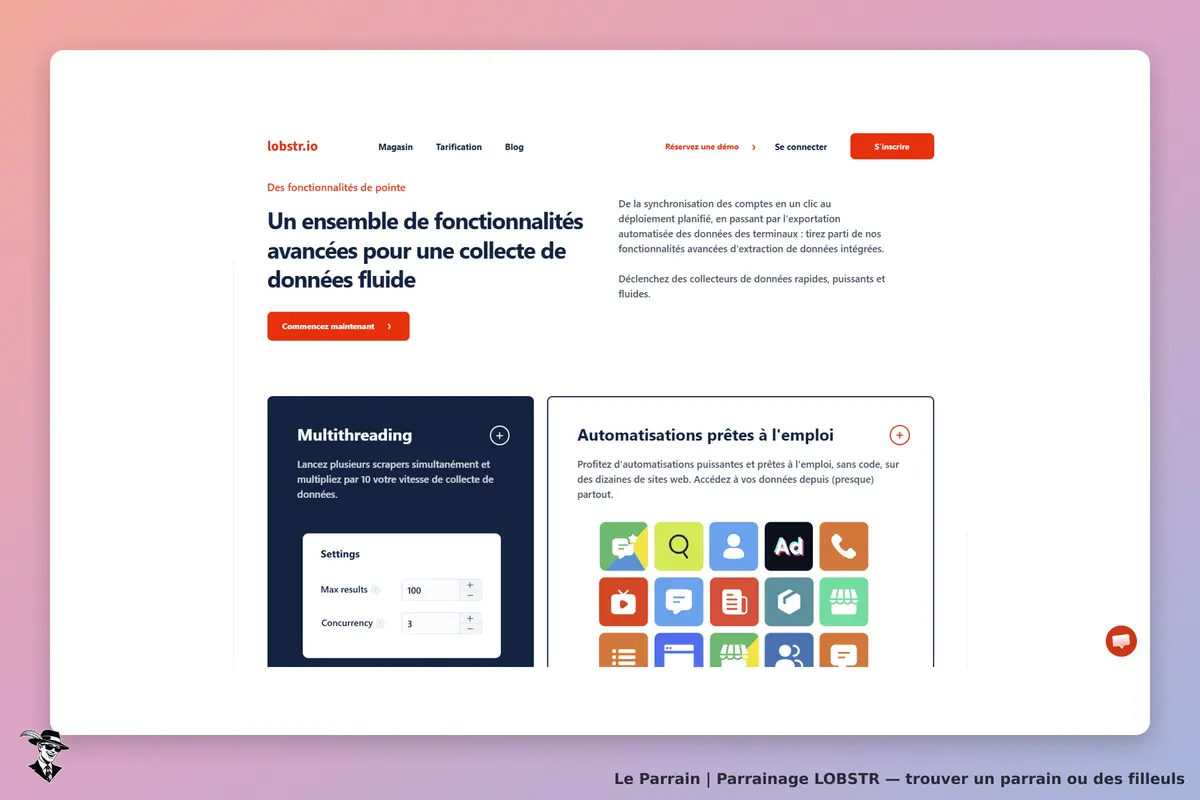 LOBSTR : page d'accueil présentant des fonctionnalités avancées et des options de paramétrage