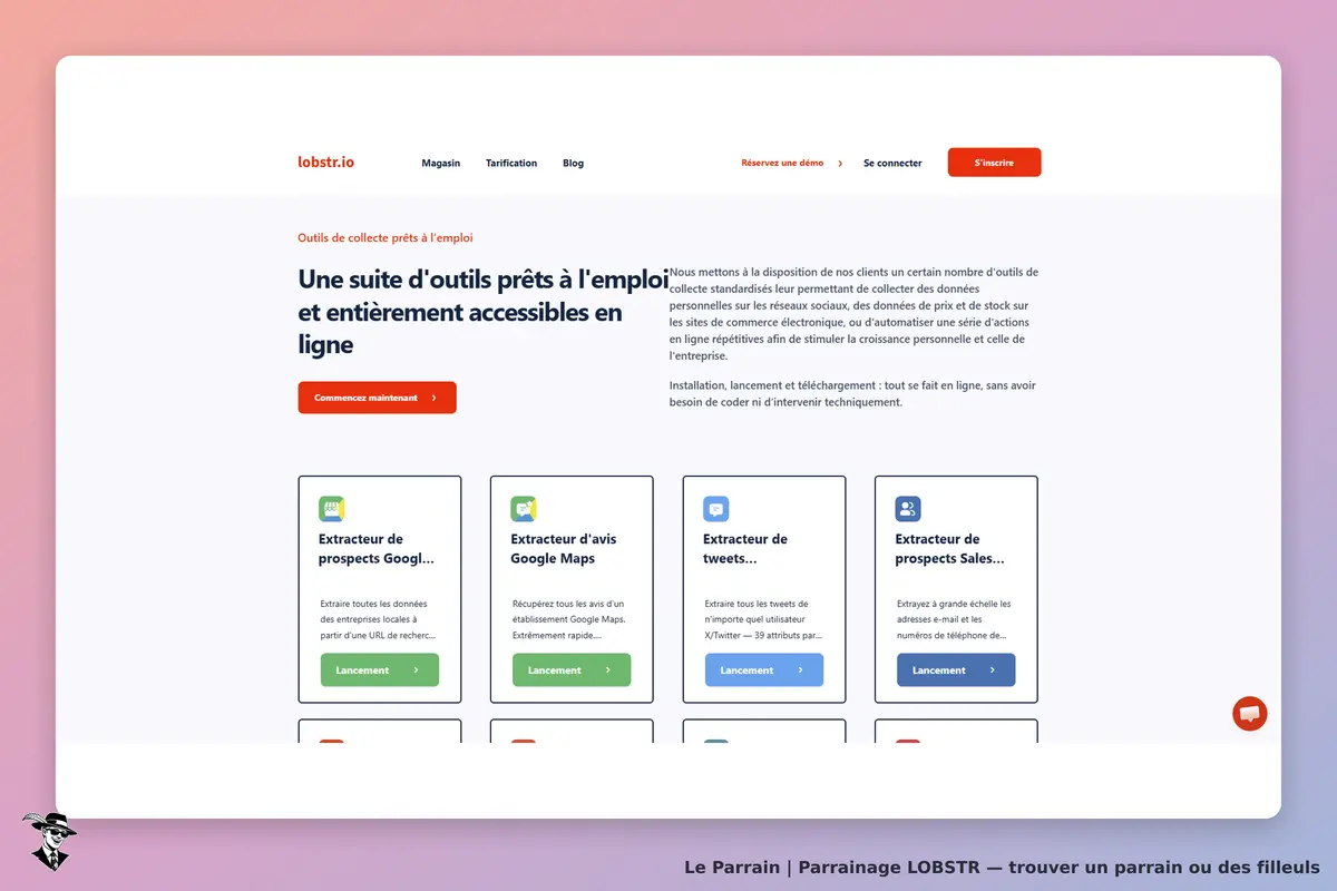 LOBSTR : page d'accueil présentant une suite d'outils de collecte en ligne avec plusieurs extraits