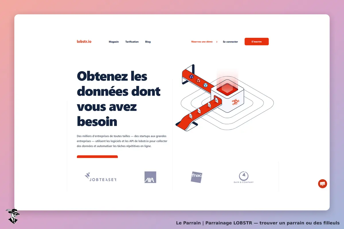 LOBSTR : page d'accueil présentant un message sur l'obtention de données et des logos d'entreprises