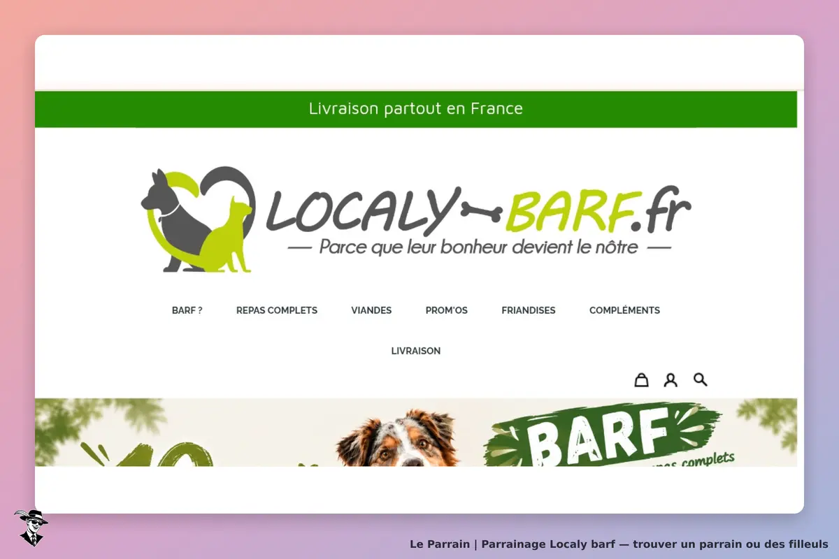 Localy BARF : page d'accueil avec logo, menu de navigation et mention de livraison en France