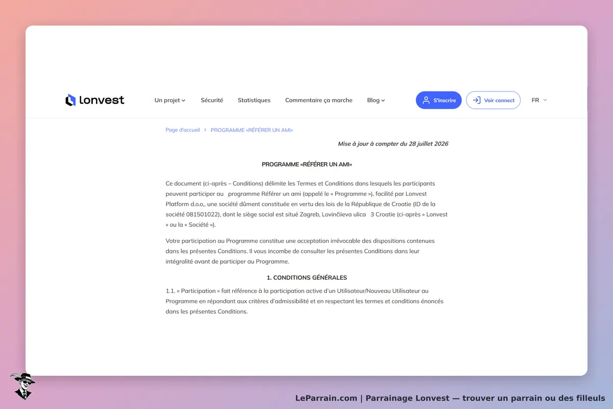 Lonvest : page des conditions du programme "Référer un ami" avec texte explicatif