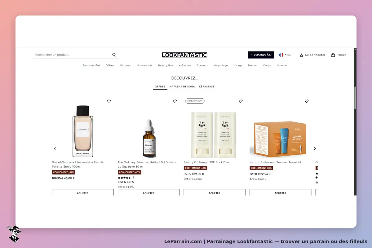 Lookfantastic : page d'accueil avec plusieurs produits de beauté affichés en vignettes