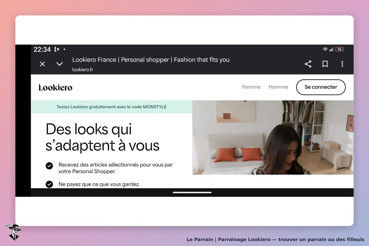 Lookiero : page d'accueil avec un message sur des looks personnalisés et une image d'une femme
