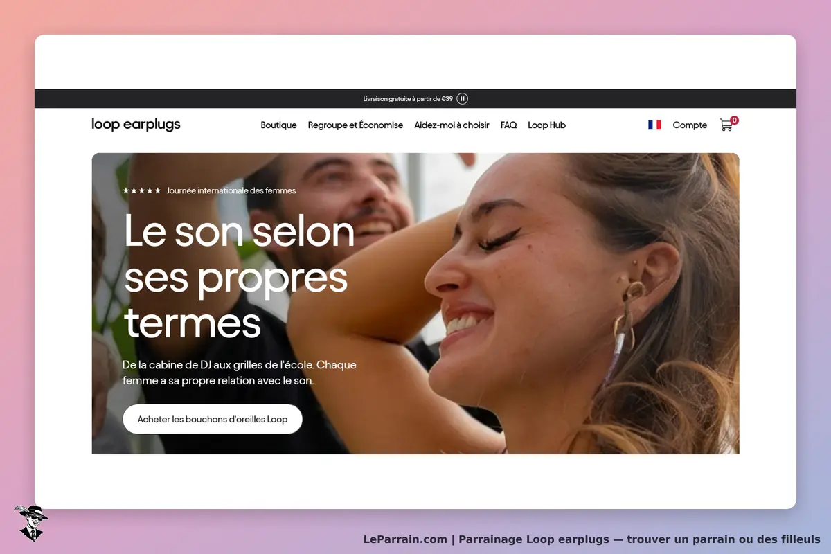 Loop earplugs : page d'accueil avec un slogan et des images de personnes souriantes