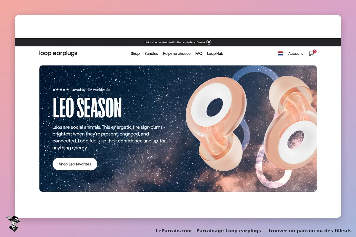 Loop earplugs : page d'accueil avec des bouchons d'oreilles sur fond étoilé et texte sur la saison