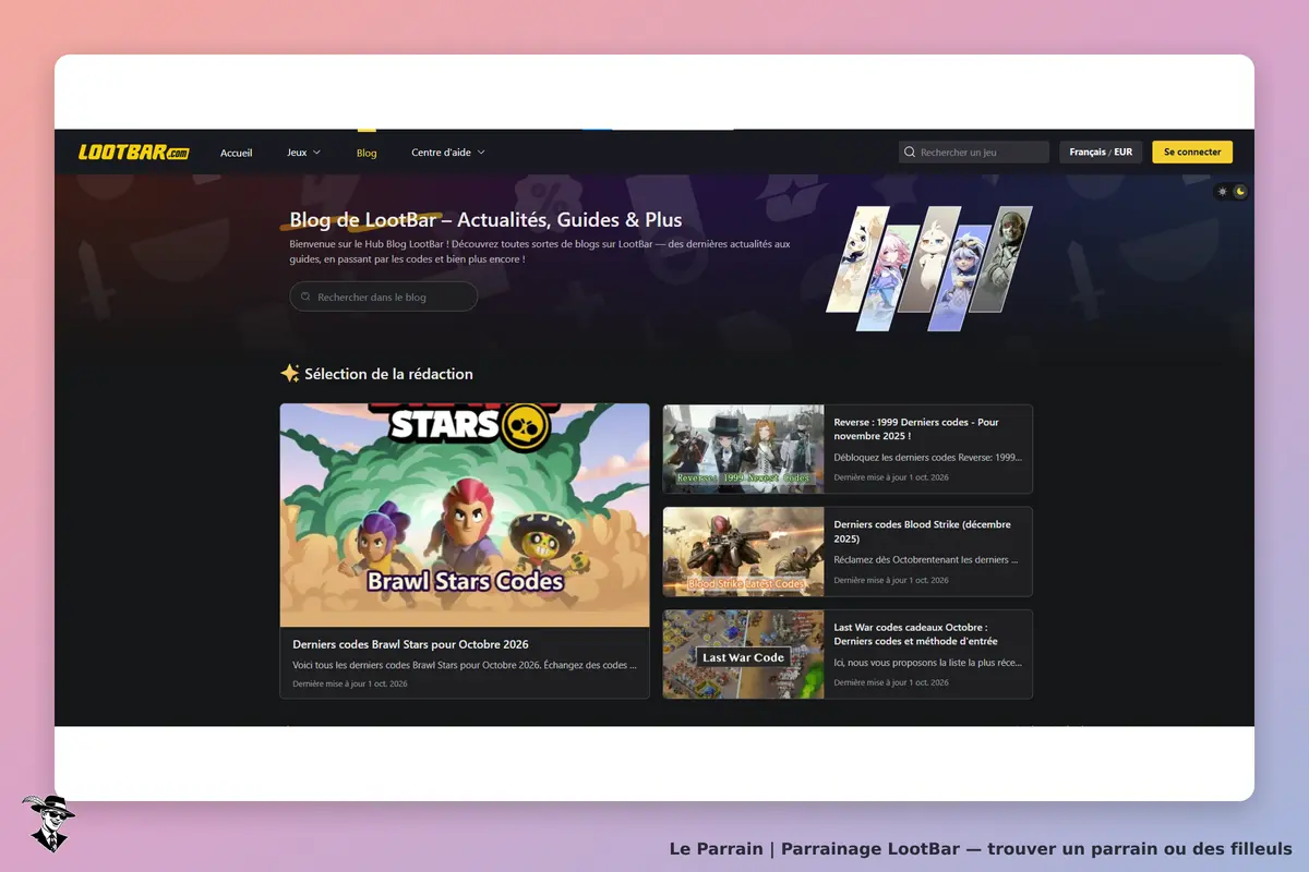 LootBar : blog avec articles sur des jeux et codes, sélection de la rédaction en avant
