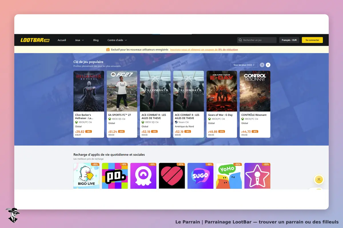 LootBar : page d'accueil affichant des jeux populaires et des recharges d'applications