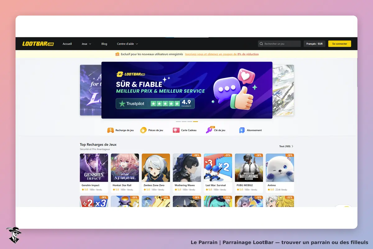 LootBar : page d'accueil avec promotions et jeux populaires affichés en vignettes