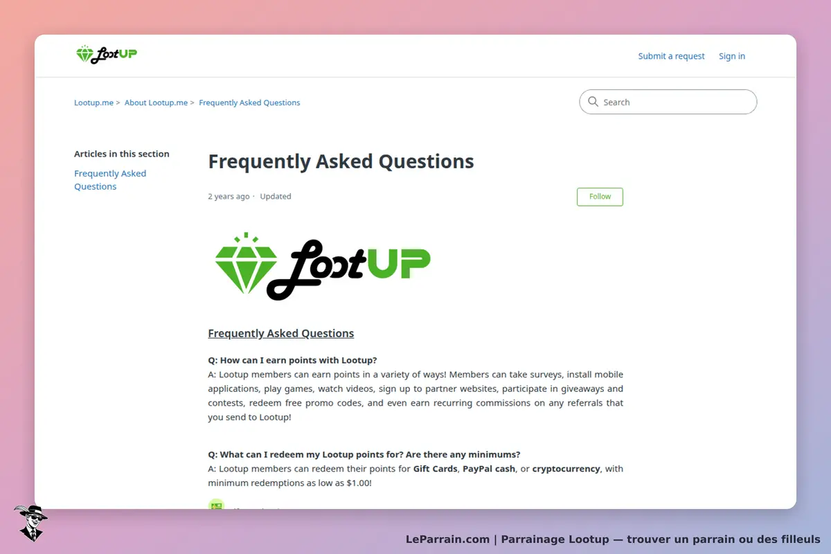 Lootup : page des questions fréquentes avec logo et deux questions affichées