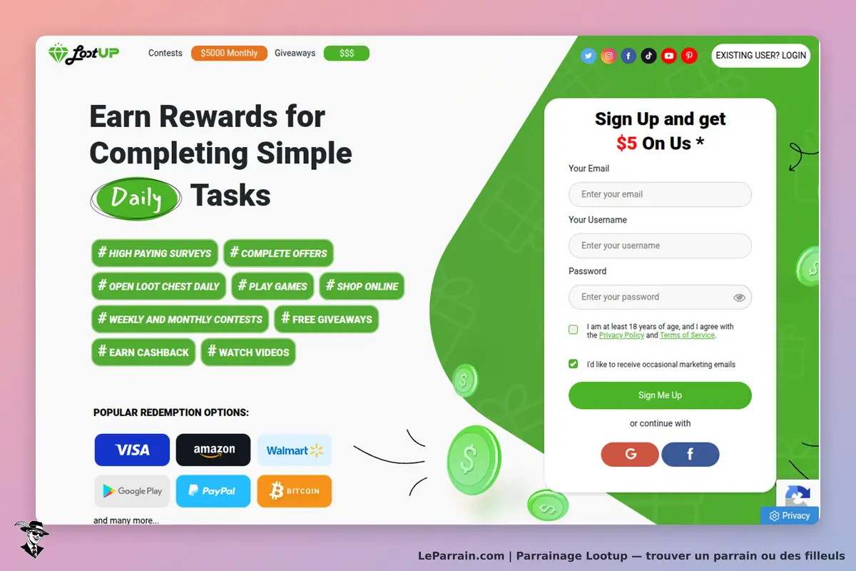 Lootup : page d'accueil avec un formulaire d'inscription et des options de récompenses visibles