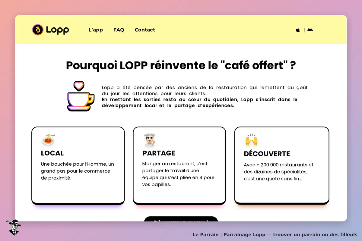 Lopp : page d'accueil présentant le concept avec trois sections locales, partage et découverte
