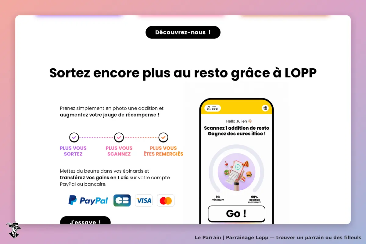 Lopp : page d'accueil avec instructions et aperçu d'une application mobile pour scanner des