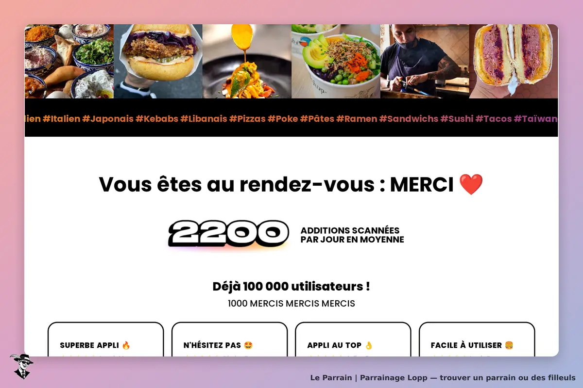Lopp : page d'accueil avec divers plats et messages de remerciement pour les utilisateurs