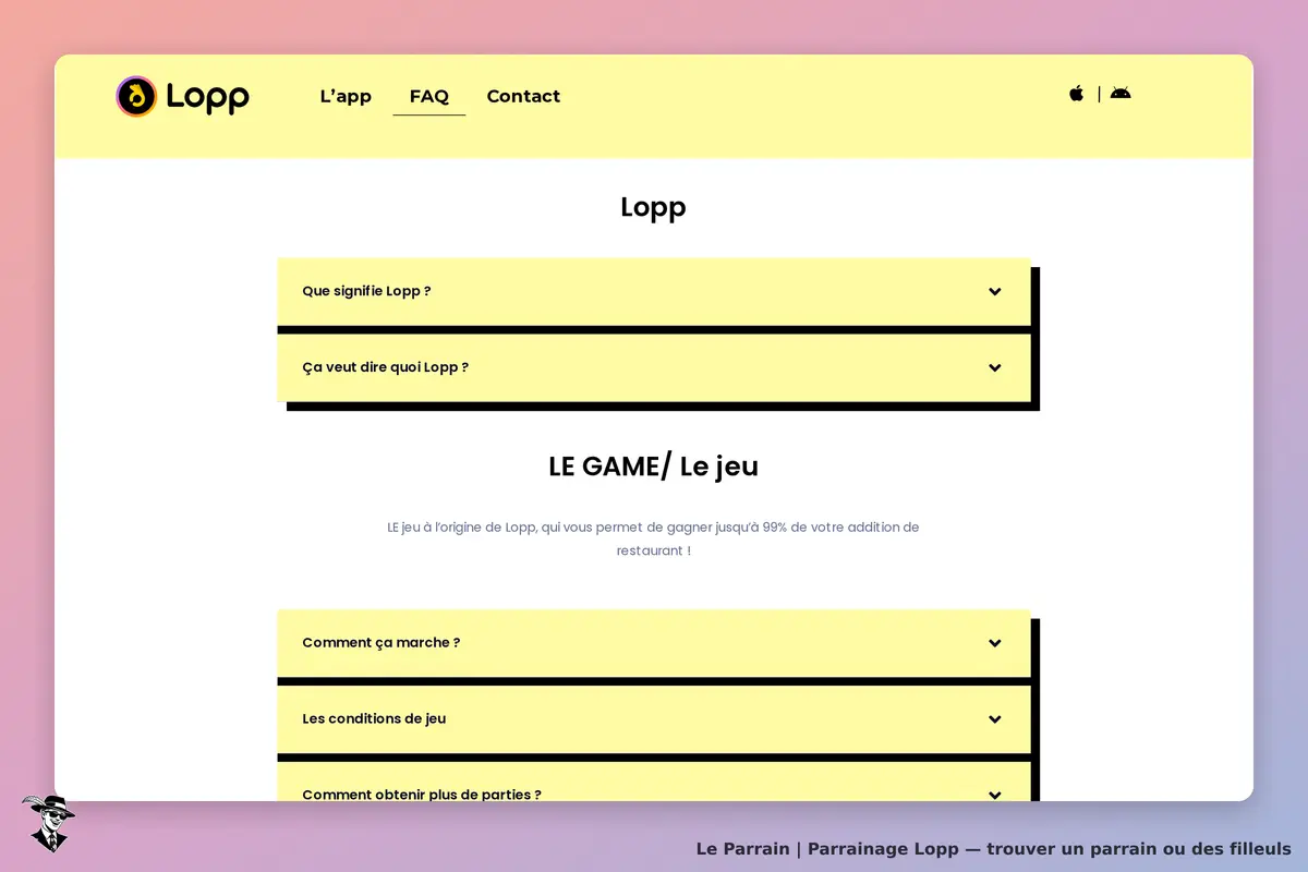 Lopp : page d'accueil avec des questions fréquentes sur le jeu et son fonctionnement