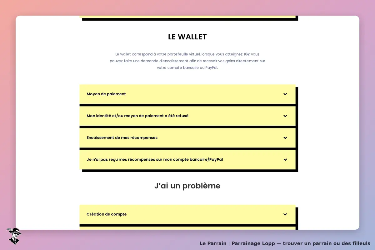 Lopp : section d'aide avec des questions sur le wallet et les problèmes de paiement