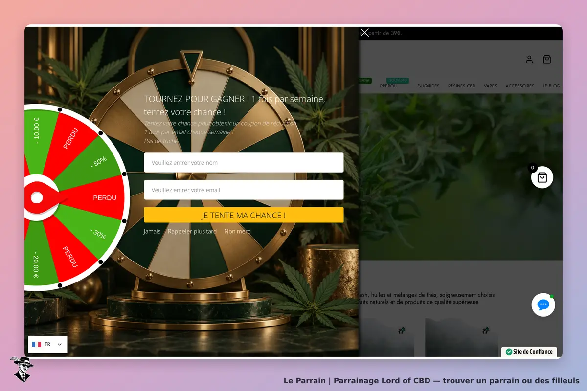 Lord of CBD : page d'accueil avec un jeu de roue et un formulaire d'inscription